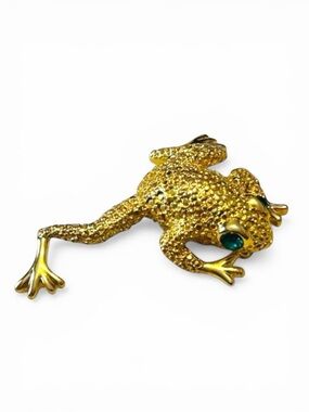 Napier Frog Toad Brooch Gold Tone Textured Signed Figural Green Rhinestone Eyes